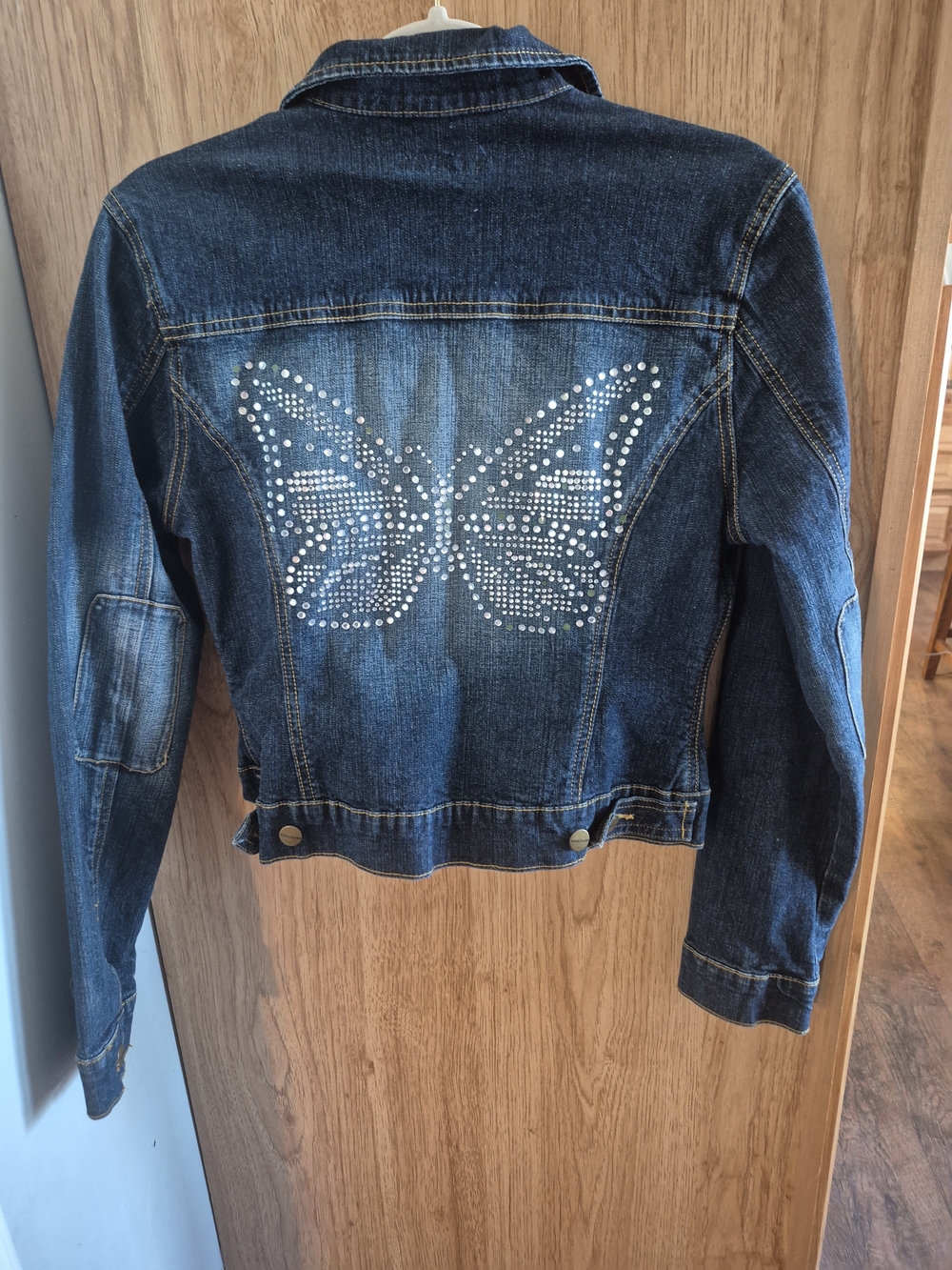 Yuka Dark Blue Women's Denim Jacket with Rhinestone Butterfly - Picture 4 of 4